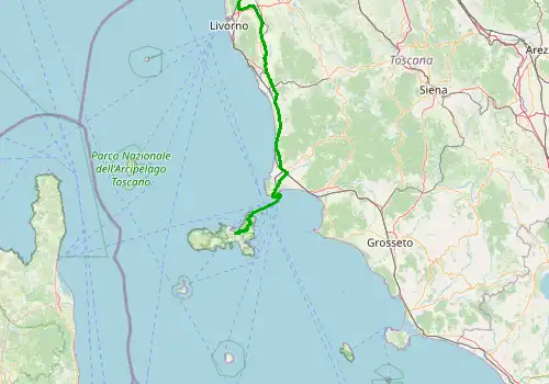 Route map Pisa Airport - Livorno, 146 km, approx. 141 min