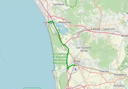 Route map Pisa Airport - Viareggio, 31 km, approx. 31 min