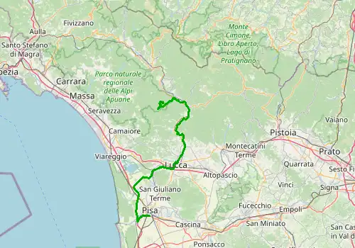 Route map Pisa Airport - Lucca, 77 km, approx. 89 min