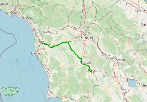 Route map Pisa Airport - Siena, 120 km, approx. 124 min
