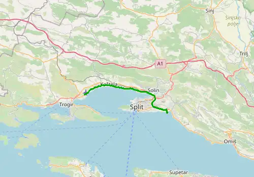 Route map Split Airport - Stobrec, 23 km, approx. 36 min