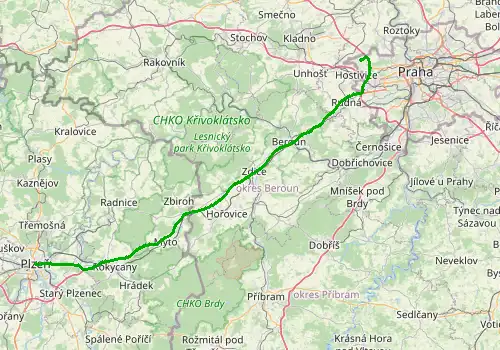 Route map Prague Airport - Pilsen, 87 km, approx. 60 min