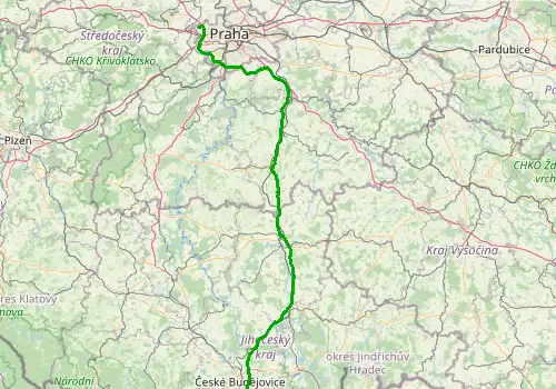 Route map Prague Airport - Cesky Krumlov, 196 km, approx. 141 min