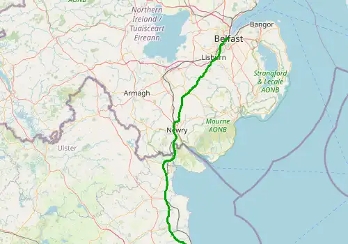 Route map Dublin Airport - Belfast, 161 km, approx. 100 min
