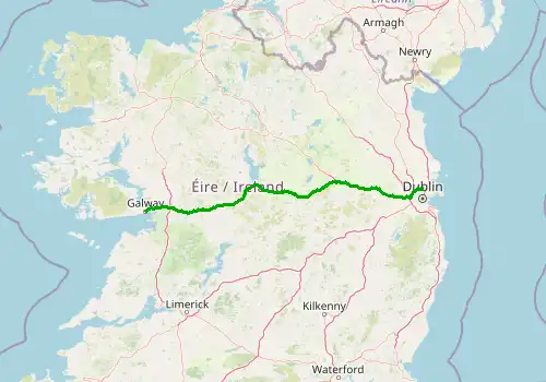 Route map Dublin Airport - Galway, 210 km, approx. 132 min