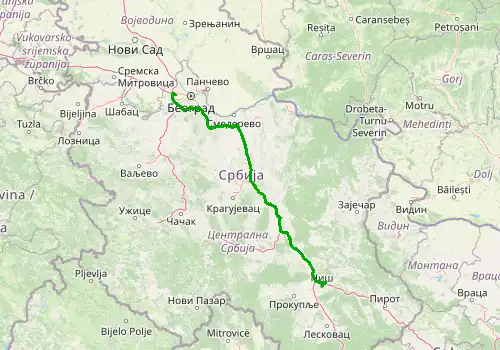 Route map Belgrade Airport - Nis, 268 km, approx. 157 min