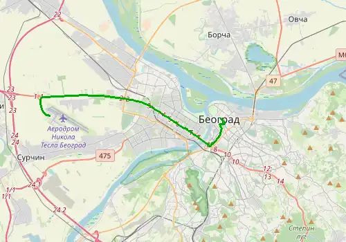 Route map Belgrade Airport - Belgrade, 19 km, approx. 24 min