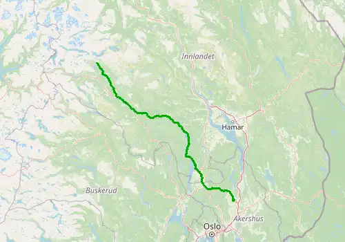 Route map Oslo Gardermoen Airport - Beitostolen, 211 km, approx. 219 min