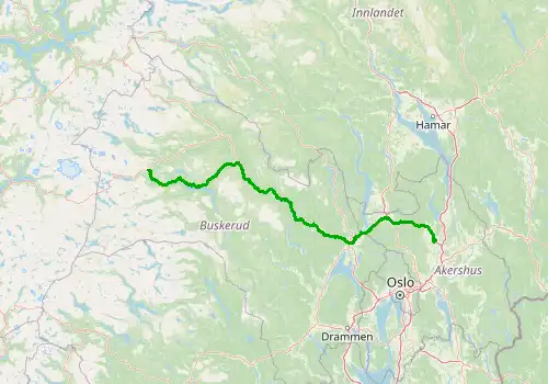 Route map Oslo Gardermoen Airport - Geilo, 226 km, approx. 233 min