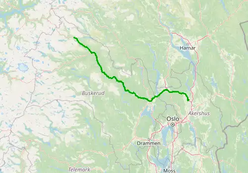 Route map Oslo Gardermoen Airport - Hemsedal, 209 km, approx. 224 min