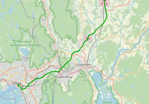 Route map Oslo Gardermoen Airport - Oslo Central Train Station, 49 km, approx. 44 min