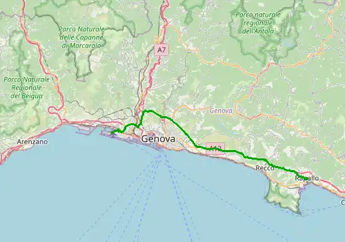 Route map Genoa Airport - Rapallo, 39 km, approx. 38 min