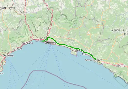 Route map Genoa Airport - Sestri Levante , 58 km, approx. 52 min