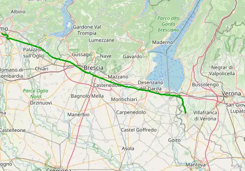 Route map Bergamo Airport - Valeggio sul Mincio, 97 km, approx. 68 min