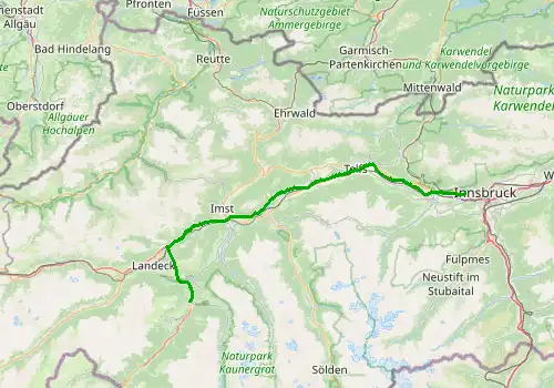 Route map Innsbruck Airport - Prutz, 76 km, approx. 52 min