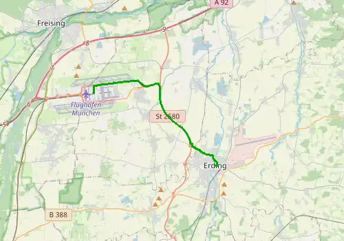 Route map Munich Airport - Erding, 14 km, approx. 22 min