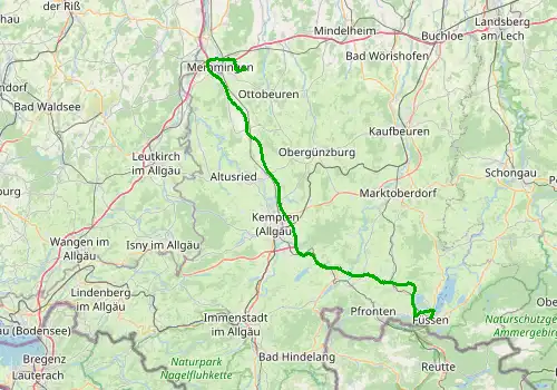 Route map Memmingen Airport - Fussen, 86 km, approx. 54 min