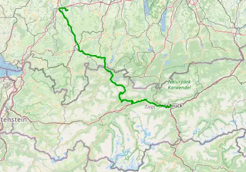 Route map Memmingen Airport - Innsbruck City, 187 km, approx. 147 min