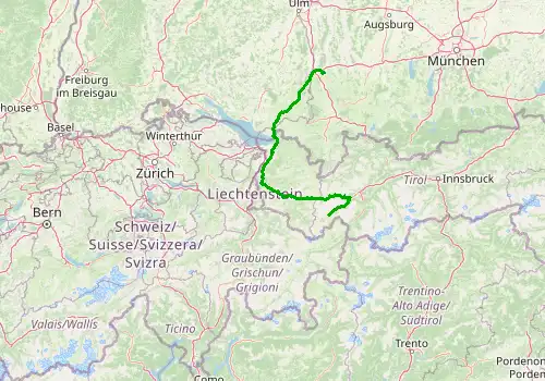 Route map Memmingen Airport - Ischgl, Tyrol, 212 km, approx. 168 min