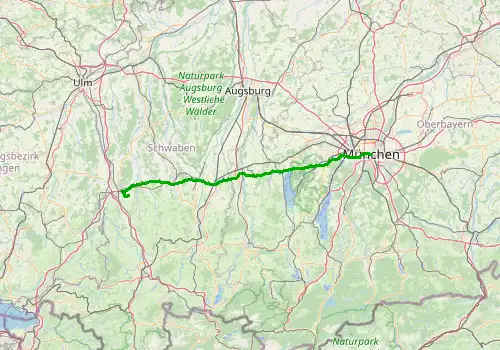 Route map Memmingen Airport - Munich, 116 km, approx. 79 min
