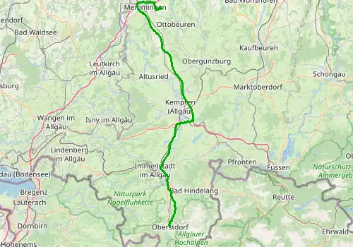 Route map Memmingen Airport - Oberstdorf, 89 km, approx. 66 min