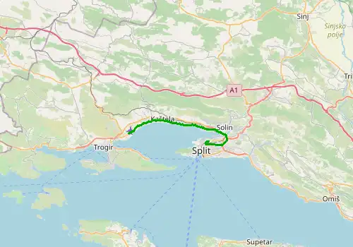 Route map Split Airport - Split, 22 km, approx. 32 min