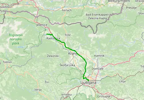 Route map Ljubljana Airport - Bled, 57 km, approx. 47 min