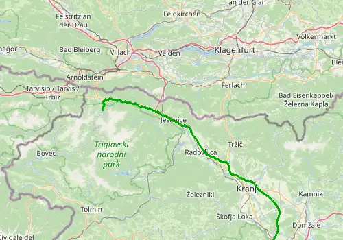 Route map Ljubljana Airport - Kranjska Gora, 91 km, approx. 77 min