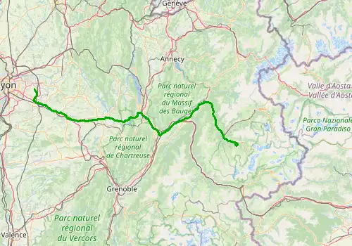 Route map Lyon Saint Exupery Airport - Courchevel 1650 (Moriond), 182 km, approx. 132 min