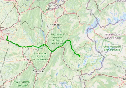 Route map Lyon Saint Exupery Airport - Courchevel 1850, 187 km, approx. 140 min