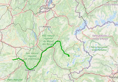 Route map Grenoble Airport - Courchevel 1850, 174 km, approx. 137 min