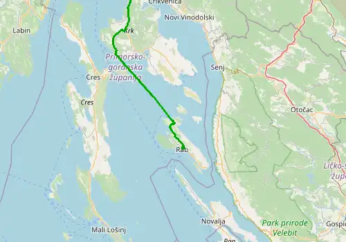 Route map Rijeka Airport - Rab, island of Rab, 66 km, approx. 160 min