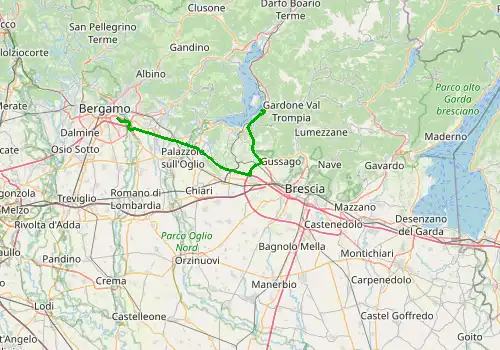 Route map Bergamo Airport - Sulzano, 54 km, approx. 43 min