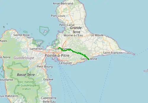 Route map Guadeloupe Pointe-a-Pitre Airport (PTP) - Sainte Anne, 22 km, approx. 28 min