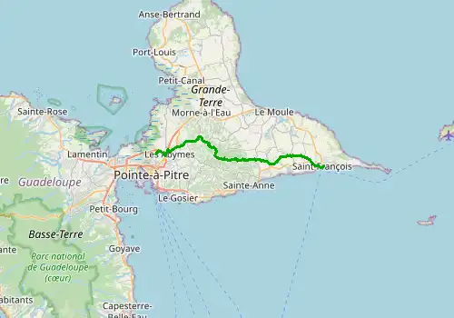 Route map Guadeloupe Pointe-a-Pitre Airport (PTP) - Sainte Francoise, 36 km, approx. 43 min