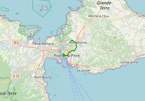 Route map Guadeloupe Pointe-a-Pitre Airport (PTP) - Pointe-a-Pitre Cruise Terminal, 9 km, approx. 19 min