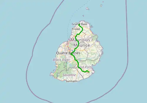 Route map Mauritius Airport (MRU) - Grand Baie, 71 km, approx. 55 min