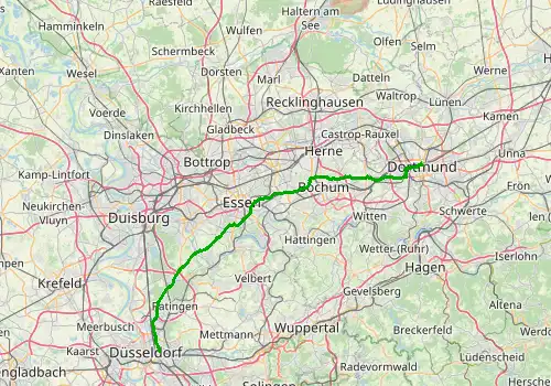 Route map Dusseldorf Airport - Dortmund, 68 km, approx. 57 min