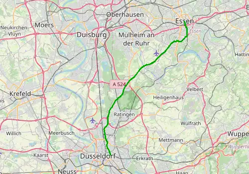Route map Dusseldorf Airport - Essen, 34 km, approx. 31 min