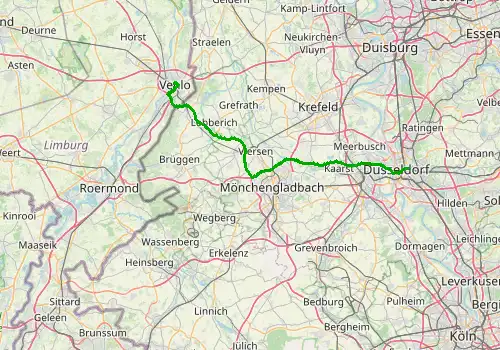 Route map Dusseldorf Airport - Venlo, 63 km, approx. 50 min