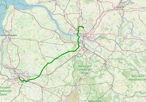 Route map Hamburg Airport - Bremen, 132 km, approx. 92 min