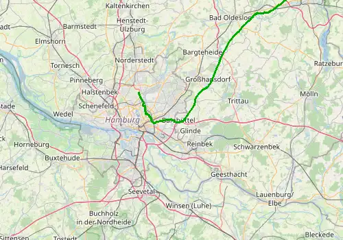 Route map Hamburg Airport - Lubeck, 71 km, approx. 64 min