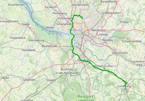 Route map Hamburg Airport - Luneburg, 78 km, approx. 64 min