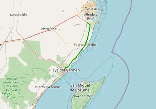 Route map Cancun Airport (CUN) - Playa del Carmen, 51 km, approx. 38 min