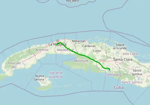 Route map Havana Airport (HAV) - Cienfuegos, 244 km, approx. 192 min