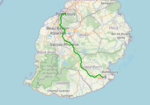 Route map Mauritius Airport (MRU) - Port Louis, 48 km, approx. 43 min
