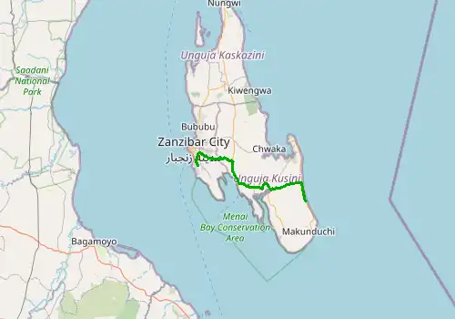 Route map Zanzibar Airport (ZNZ) - Jambiani, 57 km, approx. 57 min