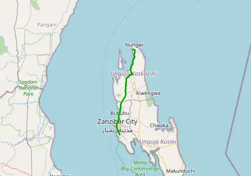 Route map Zanzibar Airport (ZNZ) - Kendwa, 59 km, approx. 73 min