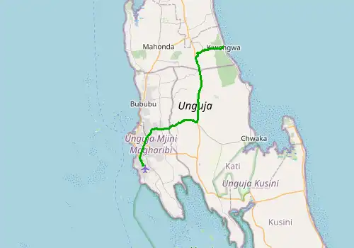 Route map Zanzibar Airport (ZNZ) - Kiwengwa, 41 km, approx. 47 min