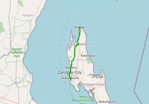 Route map Zanzibar Airport (ZNZ) - Nungwi, 62 km, approx. 71 min